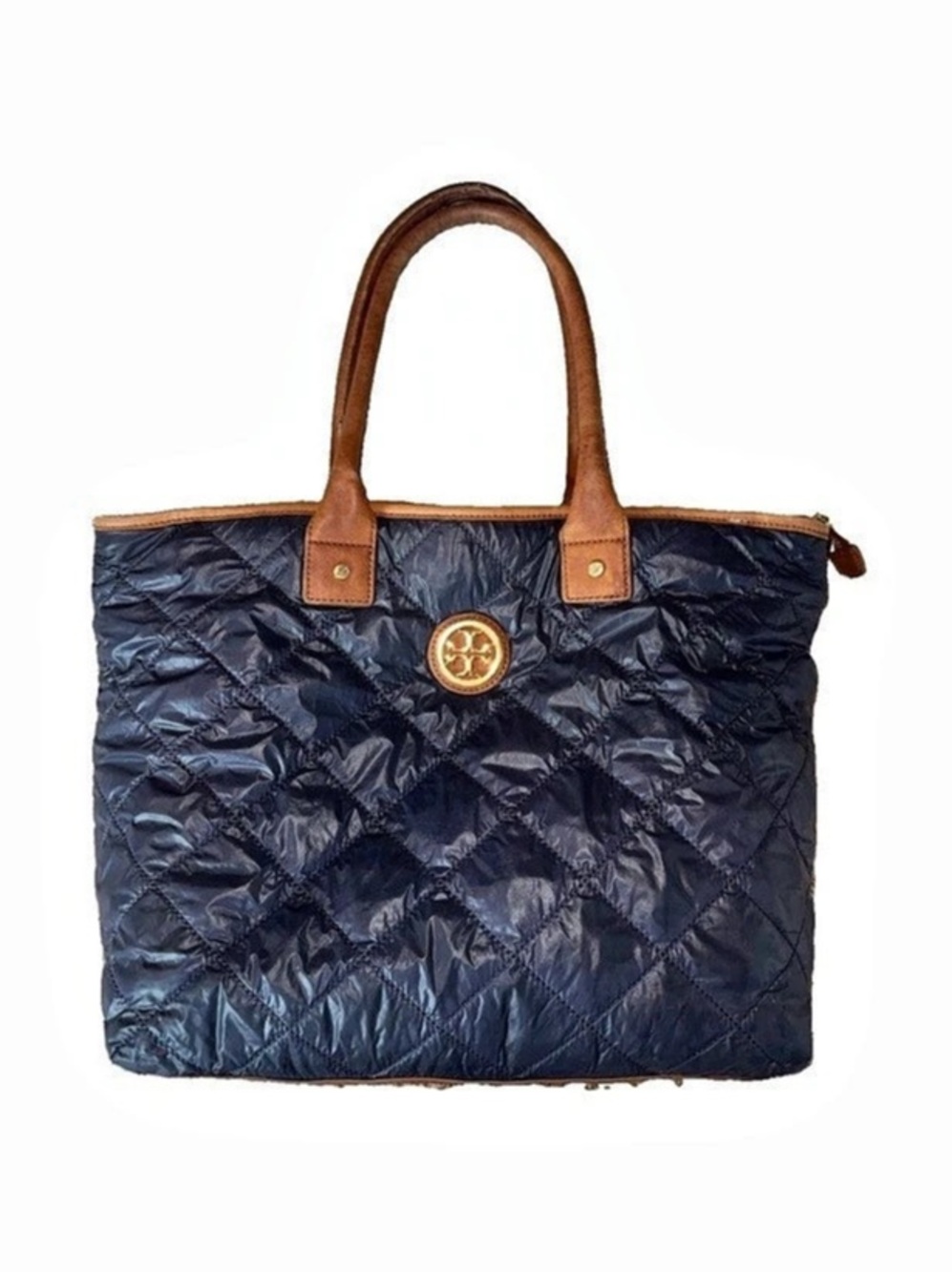 Tory Burch Navy Quilted Tote Bag with Logo, Zip Top, Brown Handles Gold
